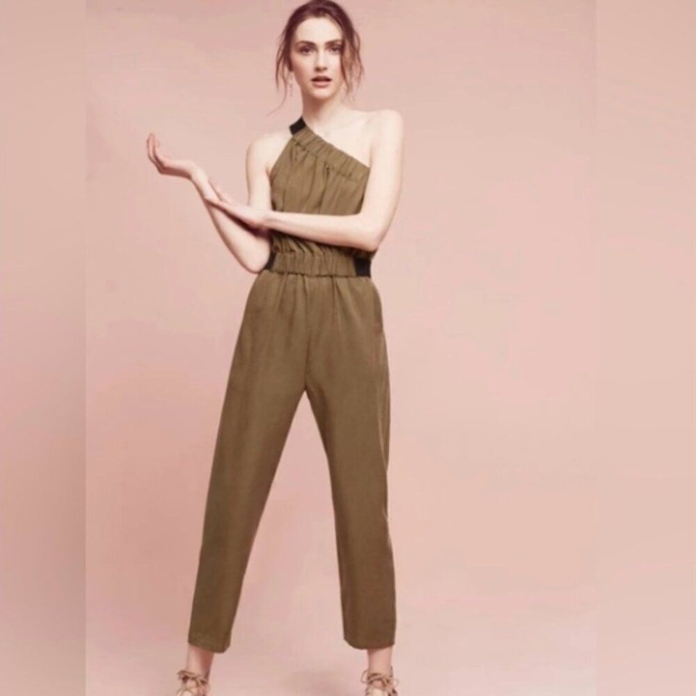 Anthropologie Maeve Verano Jumpsuit military green one shoulder Size 2